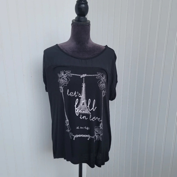 SJS Women's XL T-Shirt Black Studded Let's Fall In Love Eiffel Tower Stretch Top - Picture 1 of 8